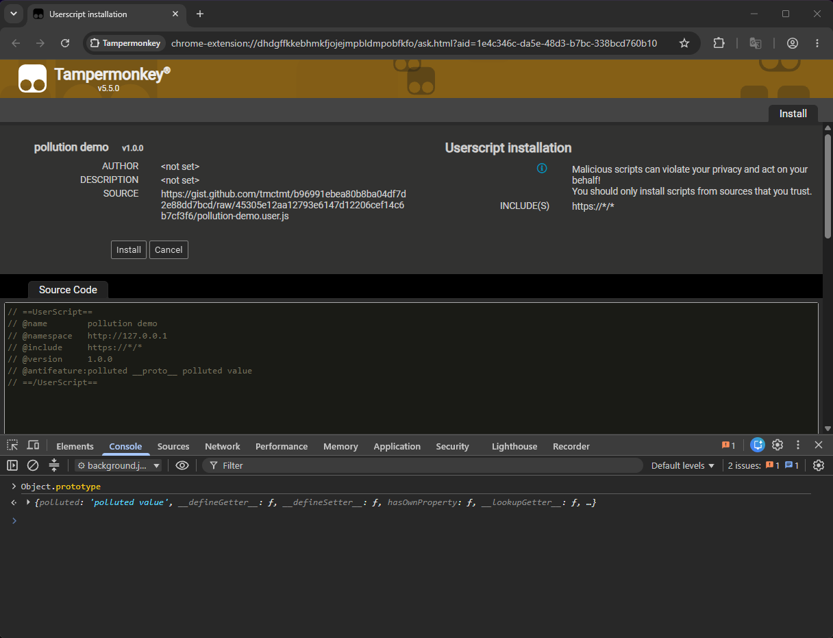 DevTools console in the context of the Tampermonkey service worker displaying the polluted Object prototype